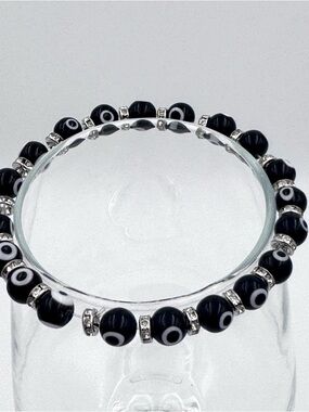 black Evil Eye 🧿 beaded stretch bracelet Turkish glass rhinestone jewelry Gift